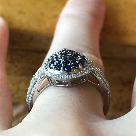 Natural Blue Sapphire Sterling Silver Teardrop Ring Size 7 - Picture 2 of 8